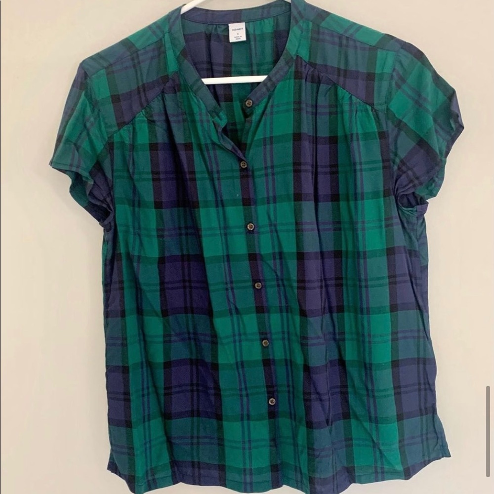 Green and navy blouse